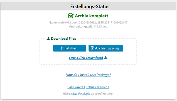 WordPress Nach Duplicator Archive löschen Dauer Archiverstellung für Vollsicherung 